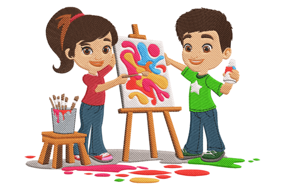 Kids with Art Supplies Embroidery Design
